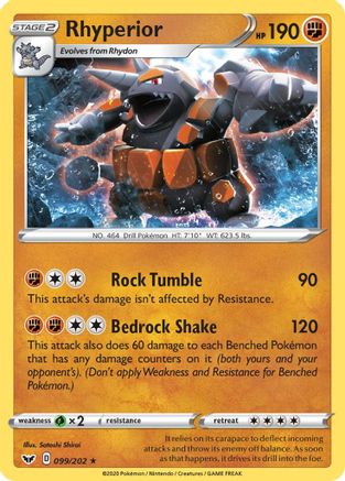 Rhyperior 099 - Reverse Holofoil SWSH01 Sword & Shield Base Set - Holo Rare