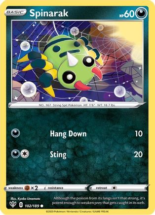 Spinarak 102 - Reverse Holofoil SWSH03 Darkness Ablaze - Common