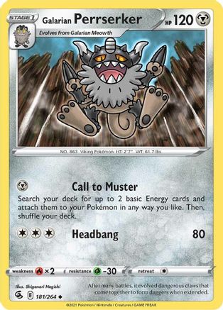 Galarian Perrserker 181 - Reverse Holofoil SWSH08 Fusion Strike - Uncommon
