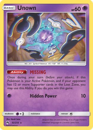 Unown (92) 092/214  SM  Lost Thunder - Rare