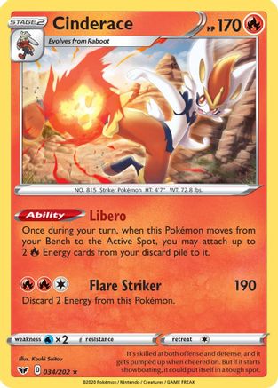 Cinderace (034) 034  - Reverse Holofoil SWSH01 Sword & Shield Base Set - Holo Rare
