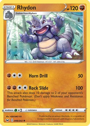 Rhydon 098  - Reverse Holofoil SWSH01 Sword & Shield Base Set - Uncommon