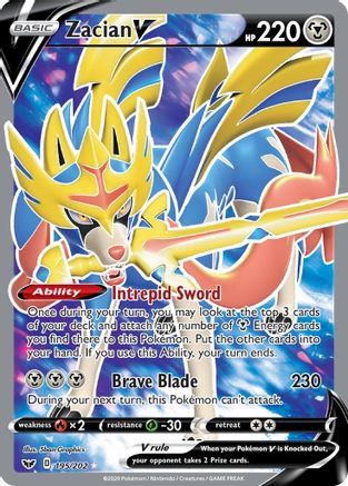 Zacian V (Full Art) 195  - Holofoil SWSH01 Sword & Shield Base Set - Ultra Rare