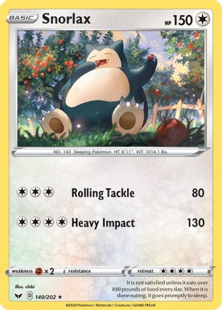 Snorlax 140  - Reverse Holofoil SWSH01 Sword & Shield Base Set - Rare
