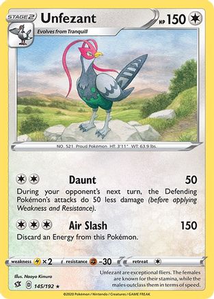 Unfezant/192  - Reverse Holofoil SWSH02 Rebel Clash - Rare