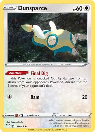 Dunsparce 137  - Reverse Holofoil SWSH03 Darkness Ablaze - Common