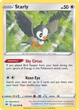 Starly 145  - Reverse Holofoil SWSH03 Darkness Ablaze - Common