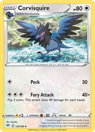 Corvisquire 155  - Reverse Holofoil SWSH03 Darkness Ablaze - Uncommon