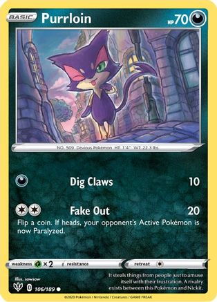 Purrloin 106  - Reverse Holofoil SWSH03 Darkness Ablaze - Common