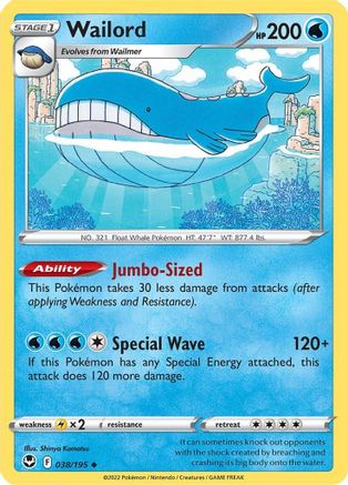 Wailord 038  - Reverse Holofoil SWSH12 Silver Tempest - Uncommon
