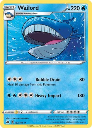 Wailord 032  - Reverse Holofoil Crown Zenith - Rare