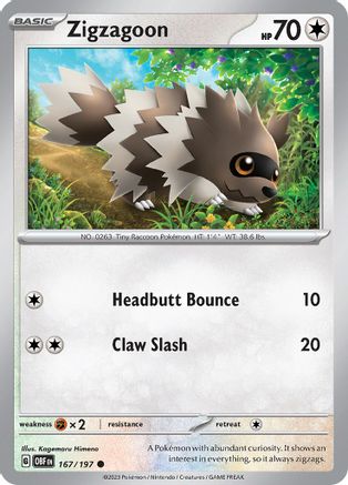 Zigzagoon 167  SV03 Obsidian Flames - Common